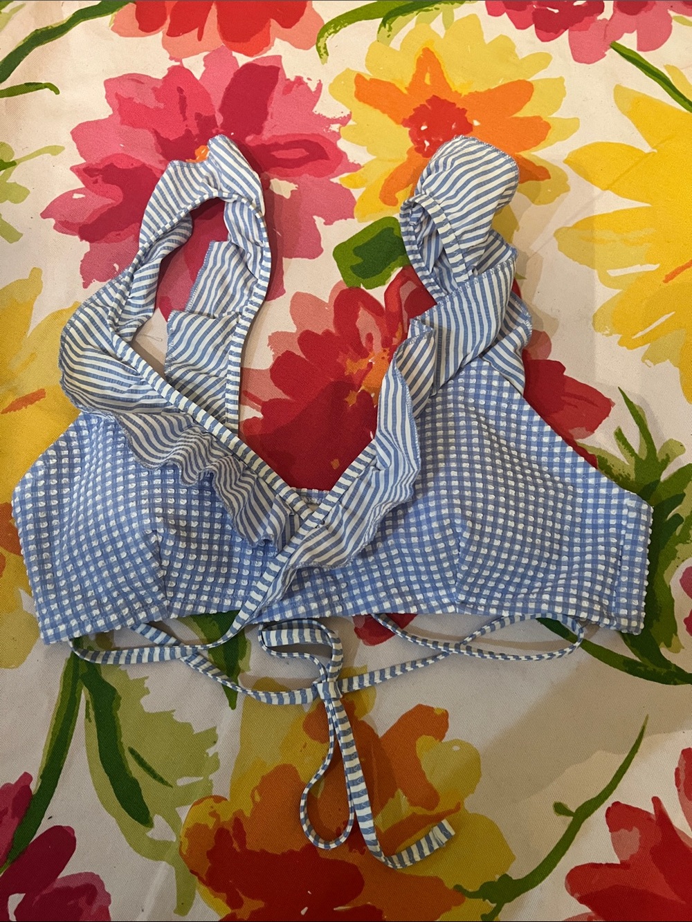 Aerie Blue & White Gingham Ruffle Bikini Top